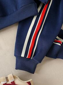 SHEIN Baby Boy 2pcs Navy Blue Contrast Color Polo Collar Sweatshirt And Pants Set,Casual Autumn Winter Outfits,Cozy Infant Clothing,Date,6M-3T - Royal Blue - View 5