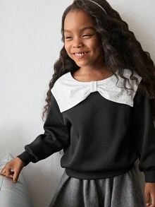 Maija Kids Maija Kids 小女孩圆领撞色蝴蝶结装饰卫衣女童黑白上衣女童水钻领上衣女童黑色蝴蝶结毛衣秋冬 - 黑色 - 查看 5