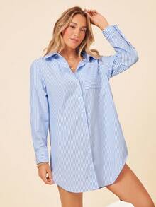 Coeurva Ladies Spring Summer Casual Blue & White Striped Shirt Dress With Asymmetrical Hem, Side Slit And Pockets,Pastel Dresses For Women - Blue and White - View 2