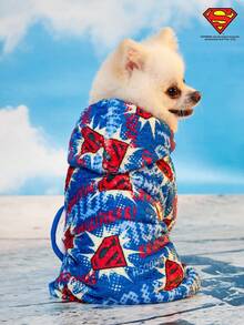 SUPERMAN X PETSIN 1pc Printed Hooded Plush Absorbent Soft Pet Towel, Suitable For Cats And Dogs