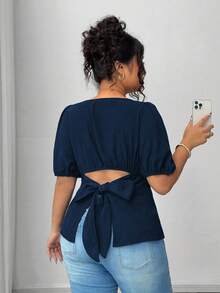 Elenzga Plus Size Women's Solid Color Bubble Short Sleeve Bowknot Back Elegant Casual Blouse, Summer - Navy Blue - View 8