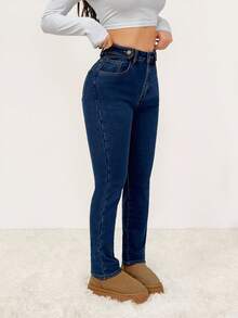 SHEIN PETITE 女士秋冬休闲通勤水洗修身牛仔裤，外出冬季服装，温暖天气黑色保暖内衬修身低腰蓝色水洗牛仔裤 - 藍色 - 查看 6