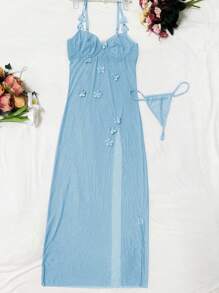 SHEIN Bộ 2 váy ngủ lưới gợi cảm có gọng và quần lọt khe dành cho nữ, váy bó sát họa tiết hoa màu xanh, đi chơi - Màu xanh nhạt - Xem 5