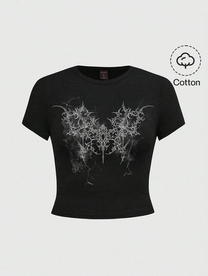 Grunge Punk Sexy Punk Tie-Dye Cross Print Short Sleeve Cropped T-Shirt For Women, Summer