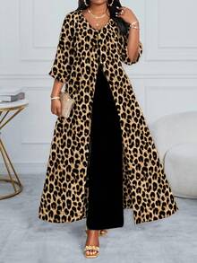 SHEIN Lady 2025 新款大码万圣节大码大码V领前扣豹纹夹克和纯色裤子两件套豹纹连衣裙动物印花连衣裙豹纹连衣裙猎豹印花连衣裙女款豹纹服装动物印花连衣裙哥特式大码女款 - 彩色 - 查看 1