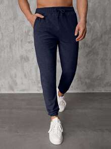 EURMUSE Quần nỉ thể thao nam cạp chun màu trơn có túi - Màu xanh hải quân - Xem 5