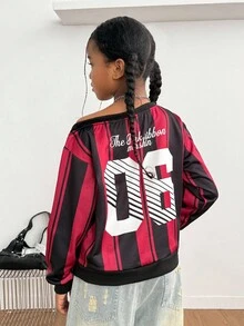 青少年女孩不对称领条纹字母印花长袖套头衫 - 彩色 - 查看 6