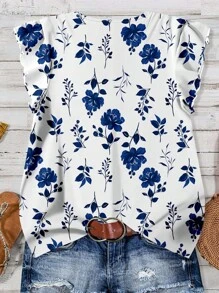 SHEIN LUNE Curve 大码女式日常休闲度假V领小飞袖印花宽松衬衫，夏季女装，度假女装，夏季女装，外出上衣，可爱夏季T恤，蓝色印花女式衬衫，秋冬款 - 藍白色 - 查看 2