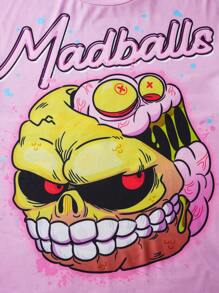 MADBALLS X SHEIN 男士休闲卡通字母印花圆领短袖 T 恤，夏季，2000 年代风格 - 粉色 - 查看 3