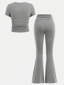 SHEIN Girlism Tween Girl Casual Fitted Light Blue Ruched Crew Neck Top And Ruched Flare Pants Set Grey Pants - Light Grey - View 2