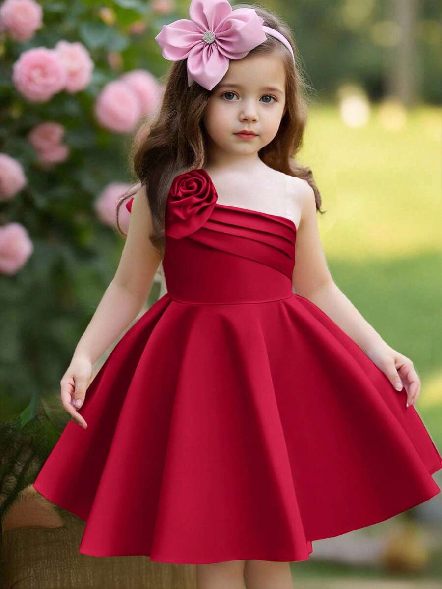 SHEIN Young Girl Cute,Elegant Floral One Shoulder Ruffle Ball Gown Short Prom Dress, Suitable For Homecoming, Birthday, Spring, Summer, Party, Red Dress Kids., Elegant Dress Kids - Red - View 1