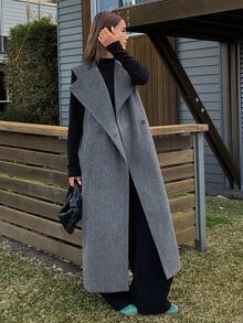 DAZY Áo khoác len dài không tay màu xám dành cho nữ, áo vest đa năng cho công sở và thường ngày - màu đen - Xem 5