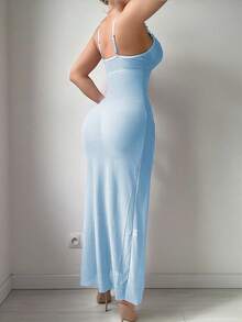 SHEIN Bộ 2 váy ngủ lưới gợi cảm có gọng và quần lọt khe dành cho nữ, váy bó sát họa tiết hoa màu xanh, đi chơi - Màu xanh nhạt - Xem 2