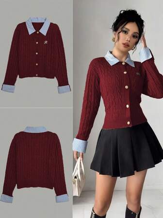 Chiquease Fashionable Blogger Style 2 In 1 Patchwork Knit Cardigan Sweater Fall Winter Cloth For Women Retro Clothes Preppy Clothes Women Preppy Tops Dark Academia Clothes School Clothes Women