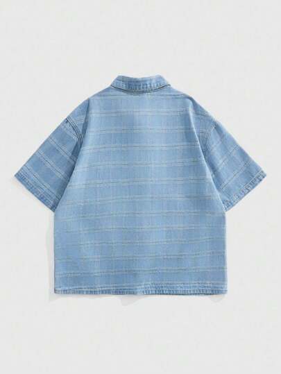 Prep Casual Fashion Loose Fit Short Sleeve Men's Plaid Denim Shirt