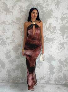 Glamine Women's Shell Decor Halter Neck Dress, Brown Color Beach/Holiday Sexy Dress For Spring/Summer/Autumn, Randomized Floral Pattern Fall Women Clothes Back To School - Multicolor - View 5