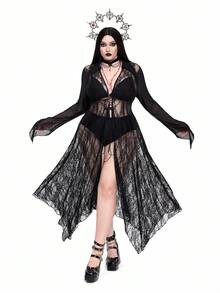 Whyspr Goth Punk Gothic Halloween Plus Size Lace Coats Fall Winter Cloth For Women - Black - View 3