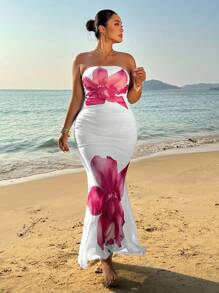 Sunnyshic Plus Size Wrap Style Form-Fitting Printed Dress, Vacation - White - View 4