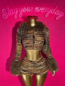 Slaydiva Women's Autumn Y2K Brown Striped Furry Texture Leopard Splicing Long Sleeve Cropped Top & Mini Shorts 2 Pieces Set, Nightclub Concert Party Outfit - Multicolor - View 1