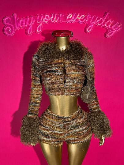 Slaydiva Bộ đồ hai mảnh thời trang thu đông 2025 Hottie Y2K Street Slim Furry Texture Leopard Splicing Fabric Long Fur Top Long Sleeve Crop Top + Mini Hottie dành cho nữ, màu Maillard, gợi cảm, dự tiệc, ăn tối, hẹn hò, hộp đêm, đi chơi đêm, trang phục du lịch sân bay, dạo phố, Y2k, tụ tập, kỳ nghỉ-B