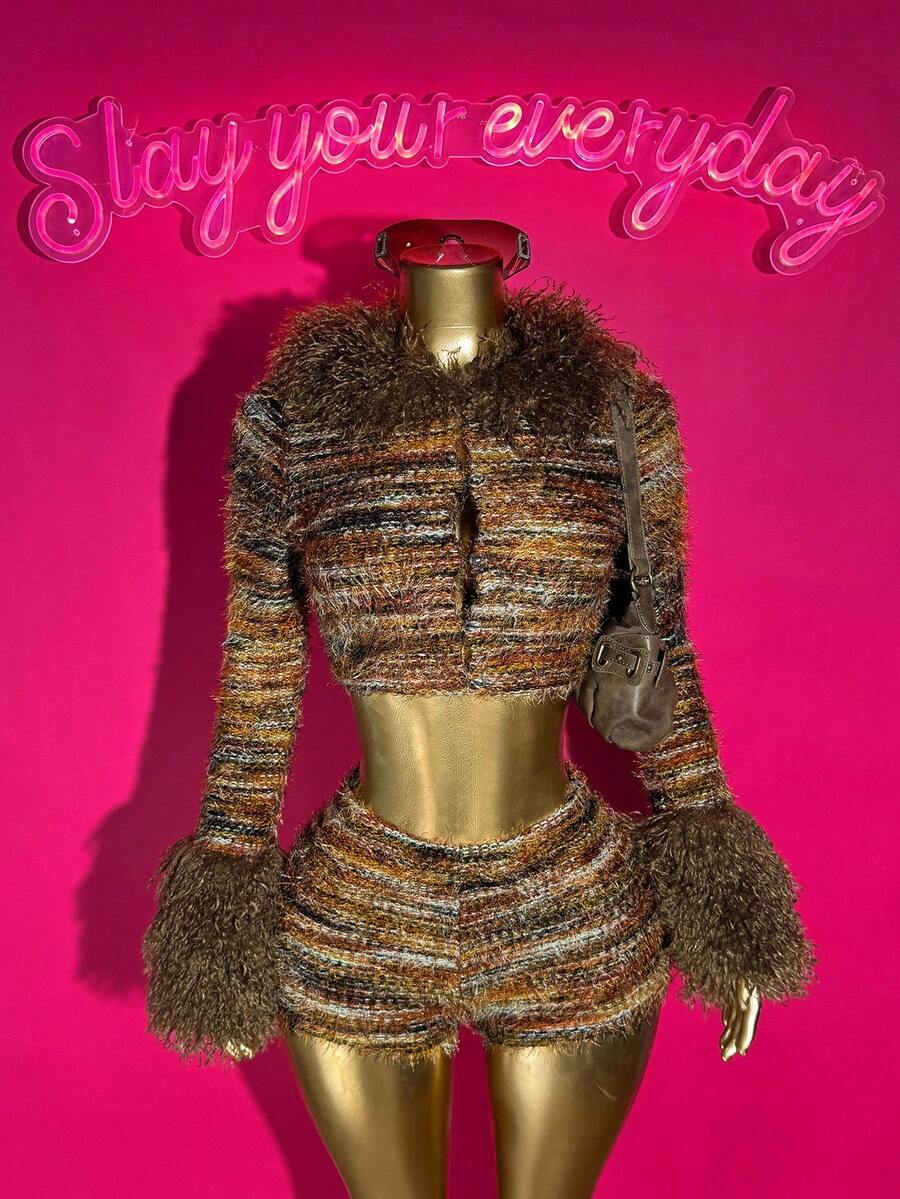 Slaydiva Women's Autumn Y2K Brown Striped Furry Texture Leopard Splicing Long Sleeve Cropped Top & Mini Shorts 2 Pieces Set, Nightclub Concert Party Outfit - Multicolor - View 1