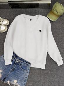 SHEIN EZwear 女式超大V领白色小马图案运动衫，秋冬休闲装 - 白色 - 查看 3