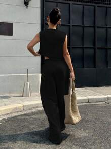 Muchica 女士休闲马匹印花圆领无袖宽松短款背心和直筒裤套装，适合夏季日常穿着 - 黑色 - 查看 2