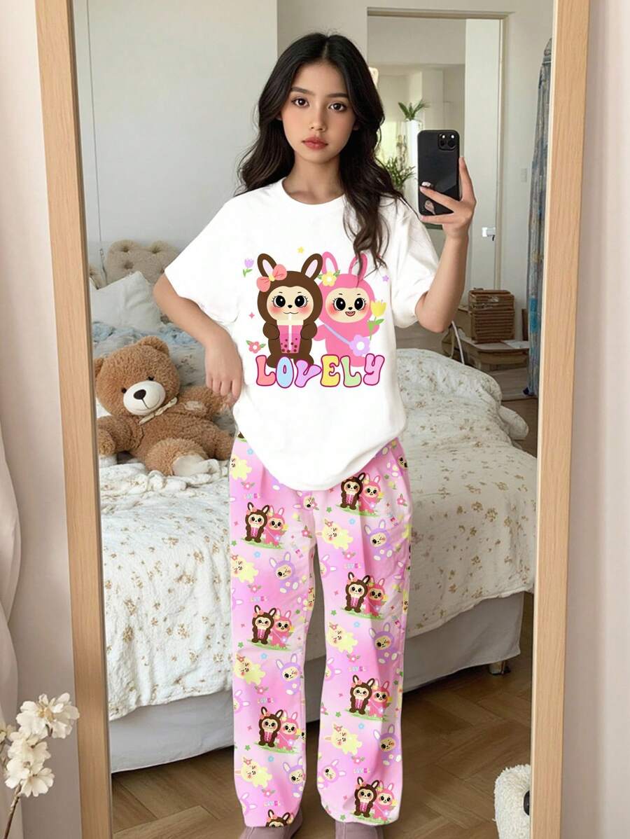 SHEIN 前青春期女孩粉色與白色夏季可愛睡衣,動物印花圓領短袖上衣與長褲,居家穿著睡眠,休閒放鬆穿搭 - 彩色 - 查看 1