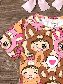 SHEIN Áo thun ngắn tay cổ tròn in hình thỏ Bubu dễ thương kiểu anime retro vintage tối giản dành cho bé gái của Happikins, thích hợp cho mùa hè, mùa thu, thoải mái, thời trang, mặc thường ngày, họa tiết bắt mắt, đi học, dự tiệc, dã ngoại ngoài trời, chụp ảnh đường phố, ở nhà, trong khuôn viên trường, thư giãn. - Nhiều màu - Xem 4