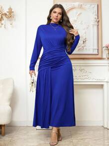 Ellevyn Women's Curvy Plus Size Royal Blue Dress,Long Sleeve Elegant Formal Pleated Ruched Knit Dress For Winter Wedding Guest,Party,Date Night Outfit,2025 - Blue - View 4