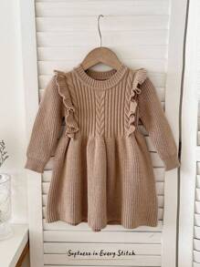 Cozy Pixies 女婴纯色圆领荷叶边下摆长袖腰部合身针织毛衣裙