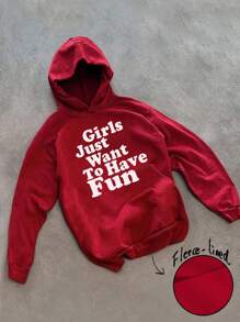 Attitoon 女孩只想玩得开心，回到学校，秋季女装，校服，女士简约休闲纯红色套头衫连帽长袖超大帽衫，无抽绳