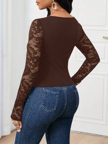 SHEIN Lady 2025 Neue elegante Pendler-Braun einfarbige Spitze Patchwork Passform Langarm T-Shirt, Ausgehen Arbeit Herbst Top Halloween Weihnachten Herbst & Winter Ausgehen Chic Damen T-Shirt Business Lässig