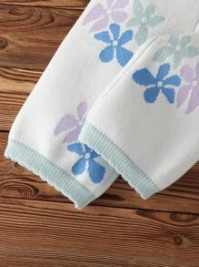 2pcs Baby Girls Knitted Sweater Cardigan And Pants Set,White Floral Cute Autumn Matching Family Outfit,Jacquard Long Sleeve Pullover Trousers,Warm - Multicolor - View 4