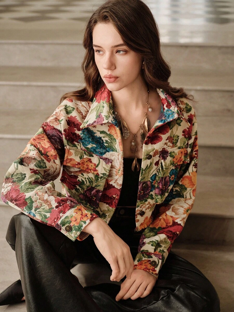 Savoree Retro Oil Painting Monet Garden Fashionable & Stylish American Utility Jacket - Multicolor - View 1