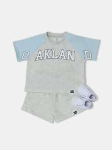 SUMWON Oakland Varsity Logo Two Piece Outfit Raglan Sleeve T-Shirt Short Set Little Boys Summer Play Clothes Casual Sport Active Wear - Light Grey - View 1