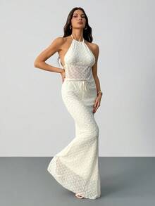 SHEIN Tall Women's Solid Color Backless Halter Top And Mermaid Hem Skirt Bodycon Sexy 2 Pieces Set - Beige - View 5
