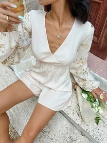 SHEIN Frenchy 女式 V 领收腰长袖系带休闲连体裤 - 杏色 - 查看 2