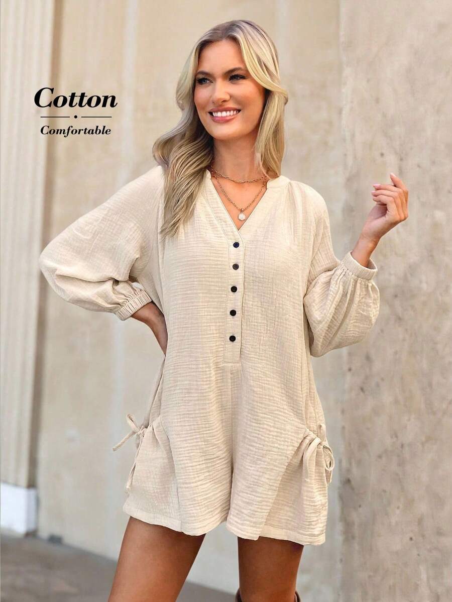 Wildy Bộ đồ liền thân cotton thường ngày cho kỳ nghỉ miền Tây nước Mỹ dành cho nữ Bộ đồ liền thân dài tay Bộ đồ liền thân màu be Quần đùi Bộ đồ liền thân cho nữ Bộ đồ liền thân cài nút Quần áo mùa thu Trang phục dự tiệc trở lại trường Trang phục đồng quê cho nữ Trang phục đi nghỉ dưỡng cho nữ - Màu be - Xem 1