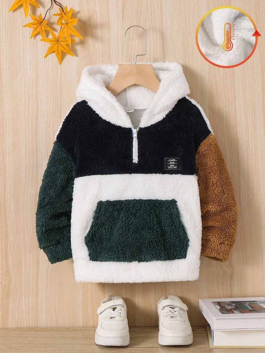 SHEIN Áo nỉ rộng rãi, thoải mái cho bé trai, áo nỉ mùa đông cho bé trai, áo nỉ lông cừu cho bé trai, áo khoác lông cừu cho trẻ nhỏ, áo khoác mùa thu cho trẻ mới biết đi - Nhiều màu - Xem 1