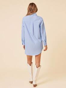 Coeurva Ladies Spring Summer Casual Blue & White Striped Shirt Dress With Asymmetrical Hem, Side Slit And Pockets,Pastel Dresses For Women - Blue and White - View 4