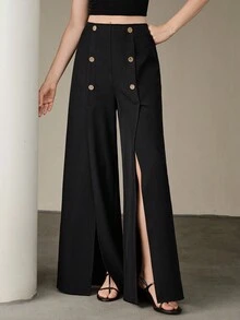 Uhlyne Quần ống đứng xẻ tà cài nút kim loại màu đen tối giản dành cho nữ, Áo khoác ngoài thường ngày, Tiệc tùng, Sinh nhật - màu đen - Xem 6