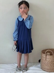 SHEIN 女童蓝色条纹撞色学院风长袖连衣裙，时尚优雅的学院风装扮 - 藍色 - 查看 7