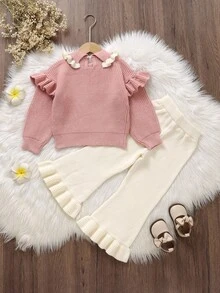 SHEIN 2pcs/Set Young Girls' Casual Fashion Pink Ruffle Trim Drop Shoulder Knit Sweater + White Knit Flare Pants Outfit, Soft & Comfortable, Suitable For Daily, Outing, Travel, Vacation, Home, Daycare, Kids Play Fall Winter - Coral Pink - View 2