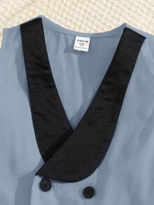 Set de 2 piezas de chaleco y pantalones cortos de estilo universitario cómodo, versátil, con estilo y lindo para niños pequeños, adecuado para primavera y verano, apto para la vida diaria, deportes, campus, reuniones, festivales, actuaciones, fotografía y vuelta al colegio - Neblina azul - Ver 3