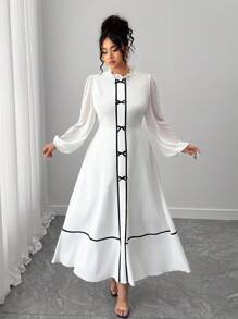 Elenzga Váy voan cổ cao tay dài đính nơ ruy băng thanh lịch - trắng - Xem 3