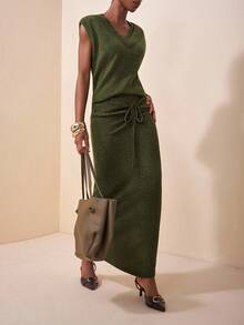 Zivah 2025秋季新品，适合生日派对、校园风、日常穿着、休闲、度假、邮轮旅行、海滩、日光浴、时尚、街头风、优雅、通勤、商务休闲等场合，无袖V领宽松针织背心搭配V领紧身针织裙套装，橄榄绿，夏季针织套装，初秋针织套装，女士两件套针织套装 - 橄欖綠 - 查看 3