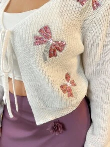 SHEIN Clasi 女式V领串珠蝴蝶结休闲针织开衫 - 白色 - 查看 7