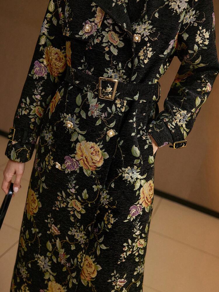 JACQUARD FLORAL PRINT BUCKLE BELTED TRENCH COAT