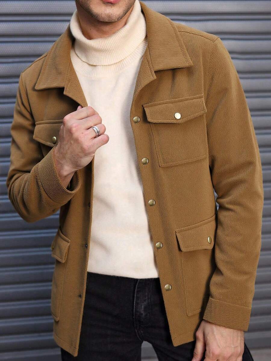 Manfinity Homme Men's Fashionable Versatile Solid Color Corduroy Utility Coat - Yellow - View 1